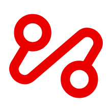 Red abstract logo: a continuous line forms two circular loops connected by a curved path.