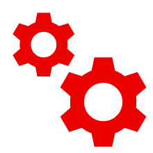 Two red gears interlocking on a black background, symbolizing settings or configuration to convey a system control concept.